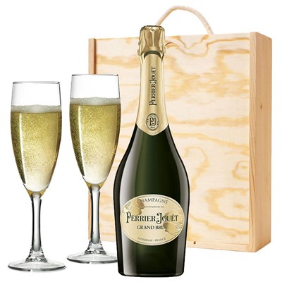 Perrier Jouet Grand Brut Champagne 75cl And Flutes In Pine Wooden Gift Box